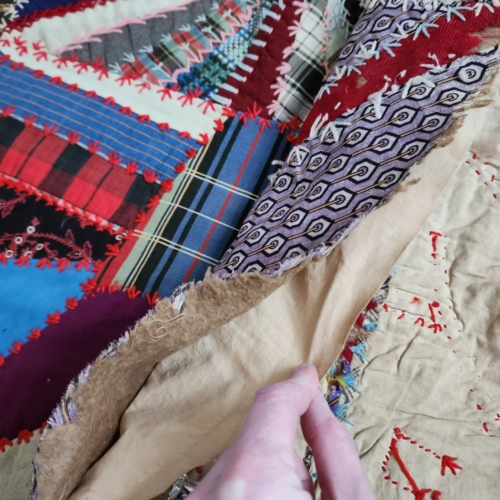 ANTIQUE Crazy Quilt top hand swen cotton quilt top to‎ be finished 65in x 65in